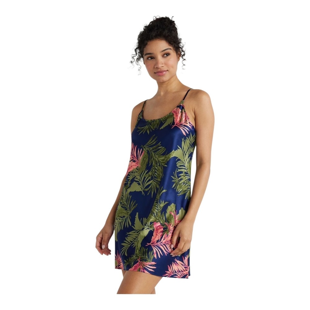 Joyspun‎ Tropical Palm Print Satin Chemise Slip Dress Nightgown Women's 3X